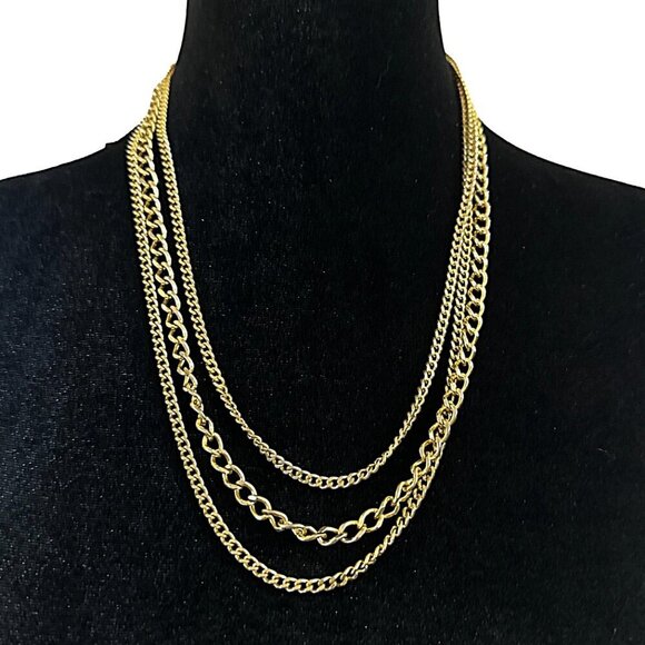 Vintage Necklace Triple Strand Gold Tone Chain Filigree Clasp - Picture 1 of 3